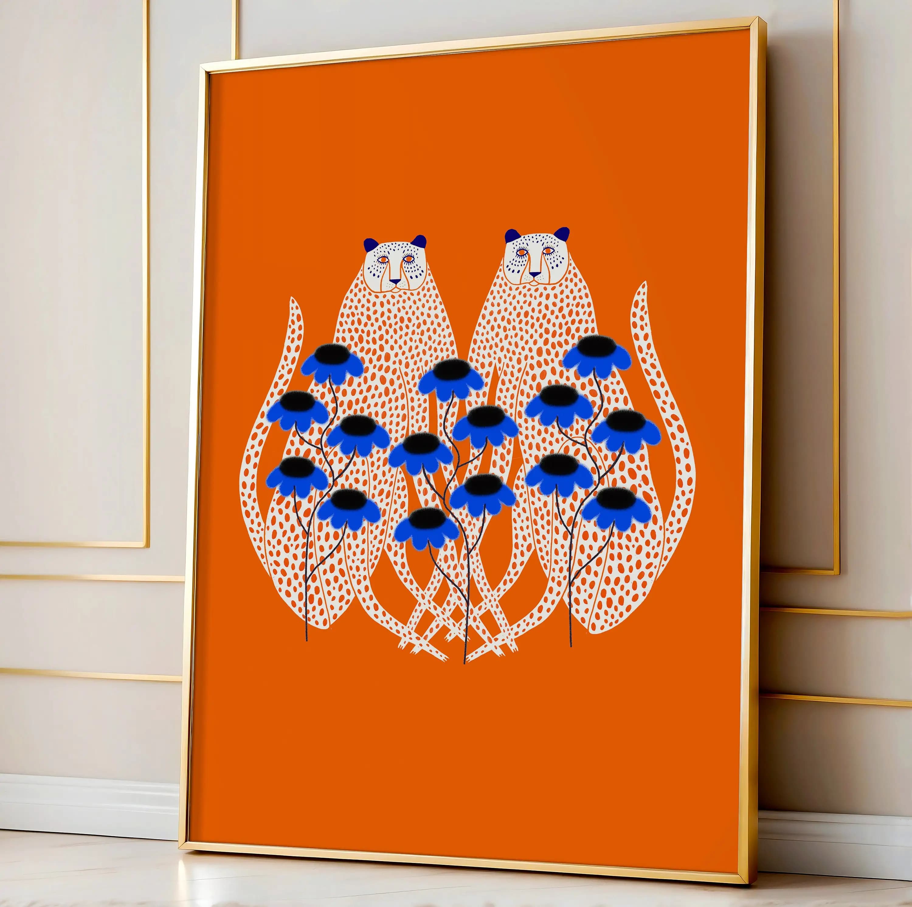 Cheetah and Blue Daisies Art Print, Bright Home Decor, Wall Decoration for Kitchen, Bedroom, Living Room, Office, House Warming