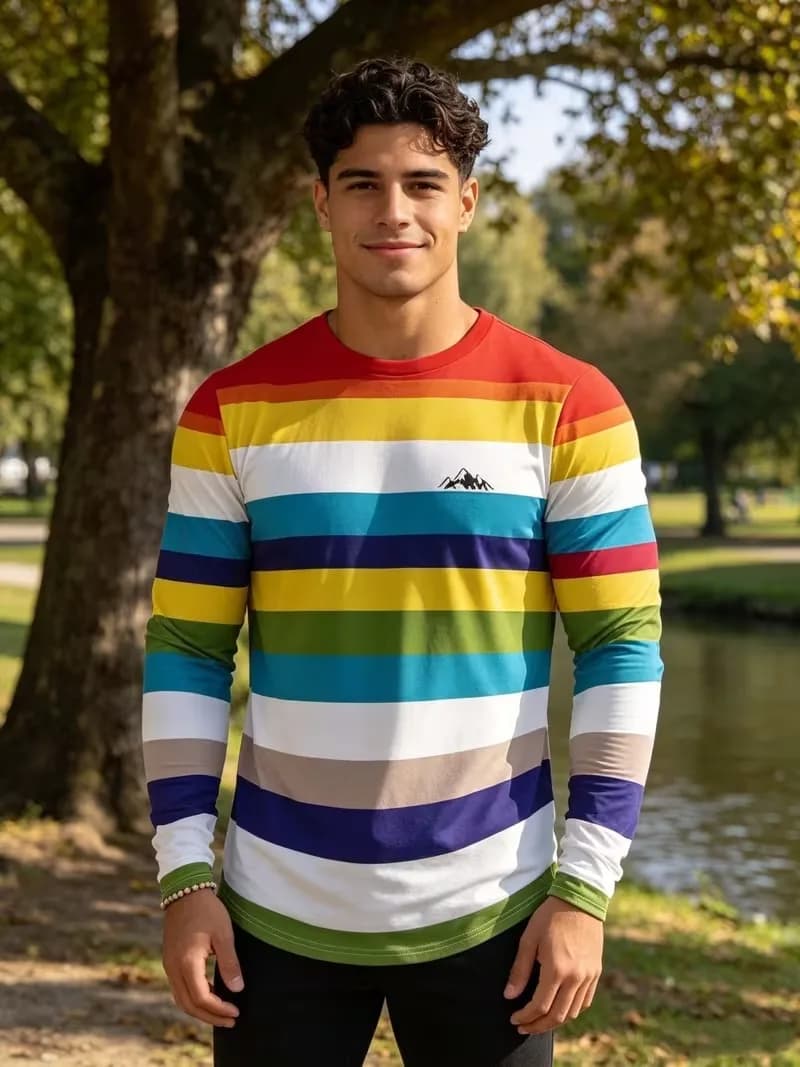 Men's Trendy Cool Rainbow Stripes Printed Long Sleeved T-Shirt Spring Autumn Comfortable Daily Casual Street Loose Men Clothing