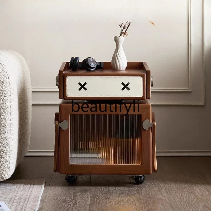 D33Retro all-solid wood chest cabinet Cherry wood bedside table Movable rotating cute cute robot locker