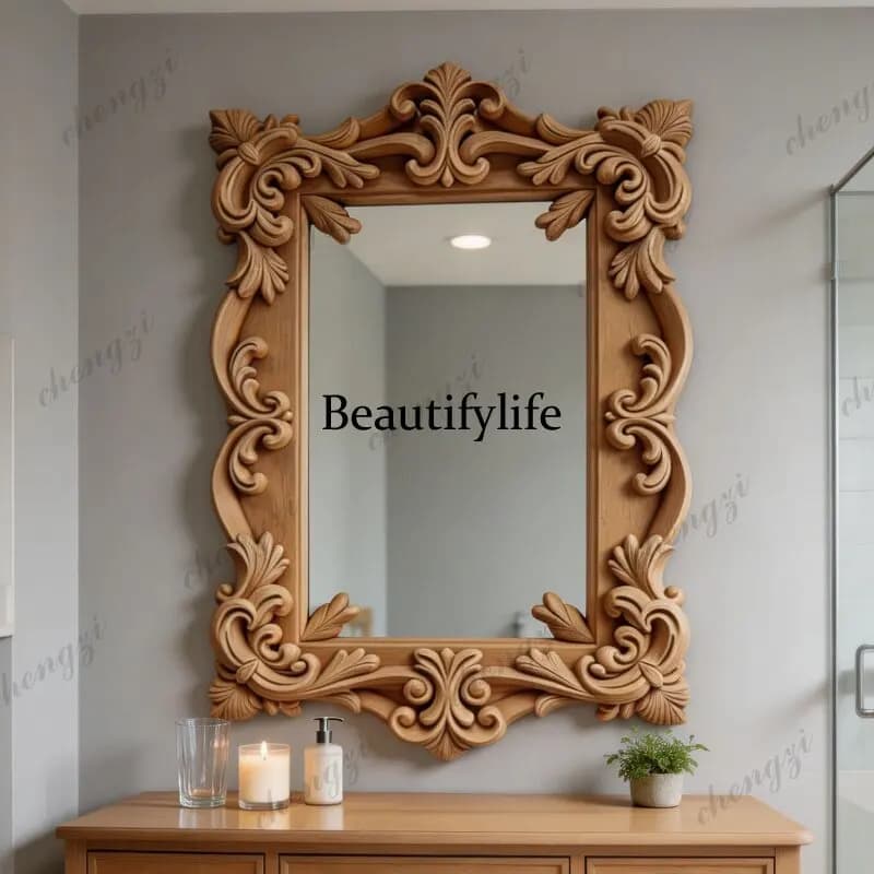 American retro wood carved makeup mirror wall-mounted bathroom decorative mirror antique dresser dressing