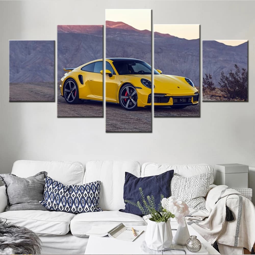 5 Pieces Canvas Wall Arts Poster Painting Yellow Car Performance Sport Car 911 Supercar Wallpaper Home Decor Picture Artwork