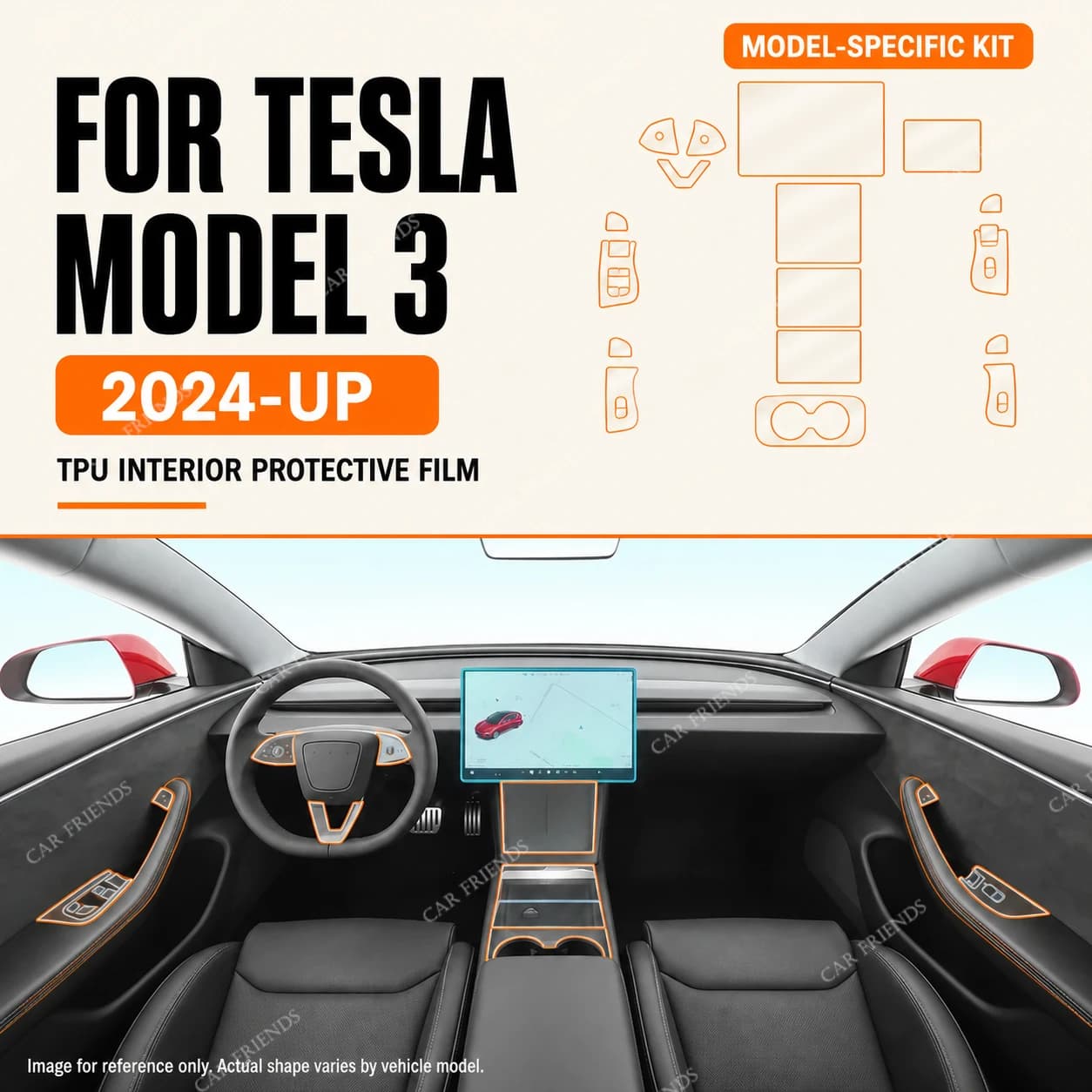 For Tesla Model 3 Highland 2024-2025 Transparent TPU Interior Protective Cover Film for Gear Shift Panel and Navigation Screen