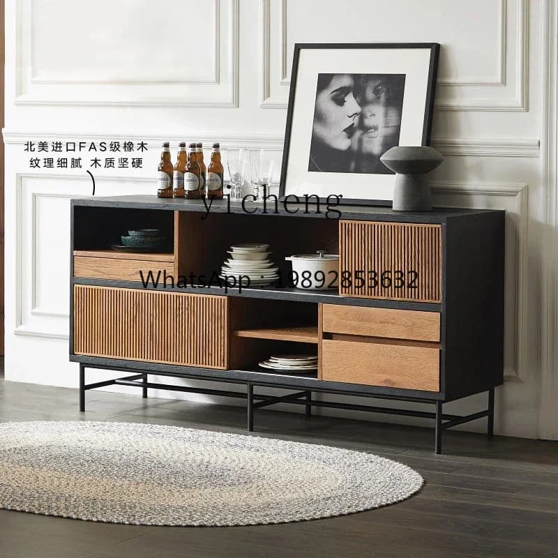 retro color matching teak solid wood side cabinet wabi-sabi black oak tea cupboard