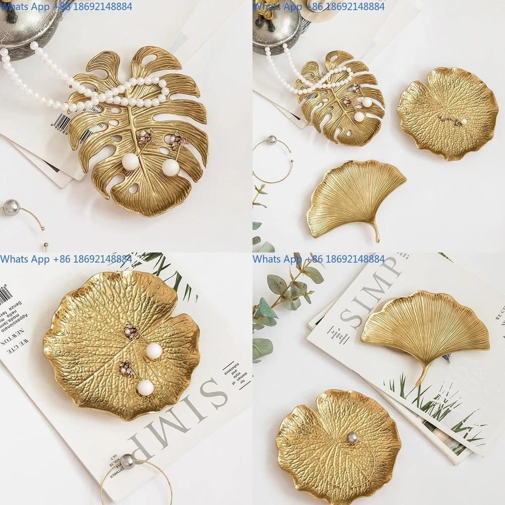 Luxury Decorative Jewelry Tray with Leaf Design Brass Nordic Style Vanity Organizer for Living Room