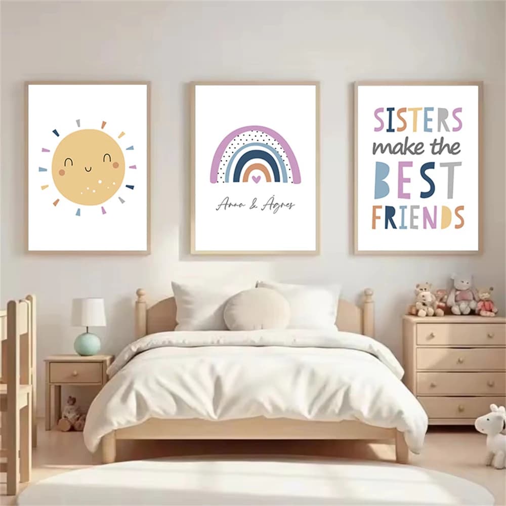 Custom Name Poster Cartoon Sun Rainbow Canvas Painting Sisters Make The Best Friends Nursery Wall Art Print Baby Kids Room Decor