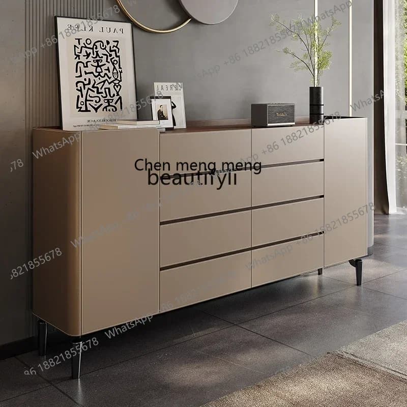 182Q Minimalist saddle leather dining side cabinet Solid wood porch cabinet Multifunctional tea storage Bedroom bedside cabinet