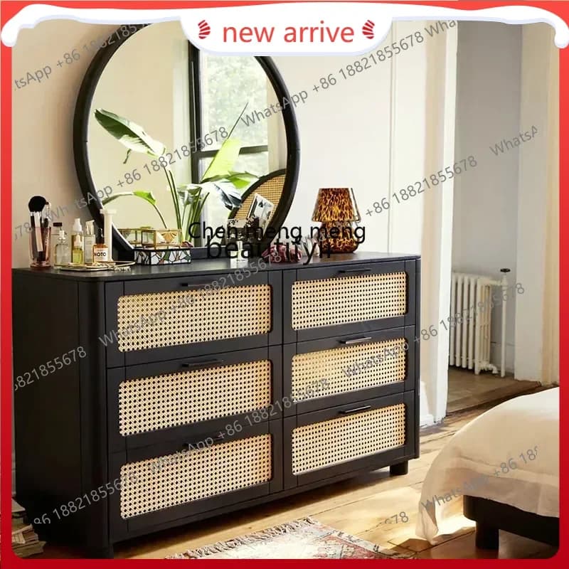 SS SS7486 French solid wood six-chest cabinet, rattan storage, wabi-sandy wind small apartment household porch drawer locker