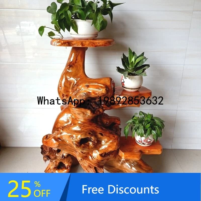 XL Natural Root Carving Flower Stand Indoor Household Solid Wood Living Room Multi-layer Flower Pot Stand Tree Root Ornament