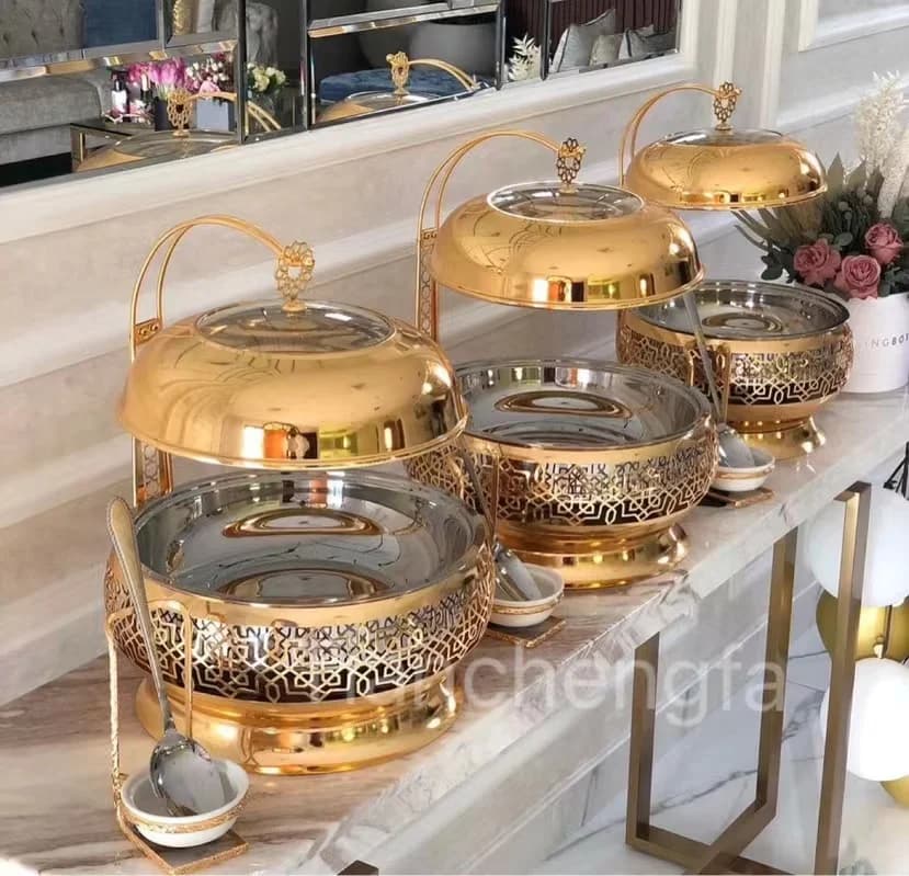 Luxury Gold Round Hanging Chafing Dishes Hotel Wedding Buffet Equipment Dishes for Catering Restaurant Heating Food Warmer
