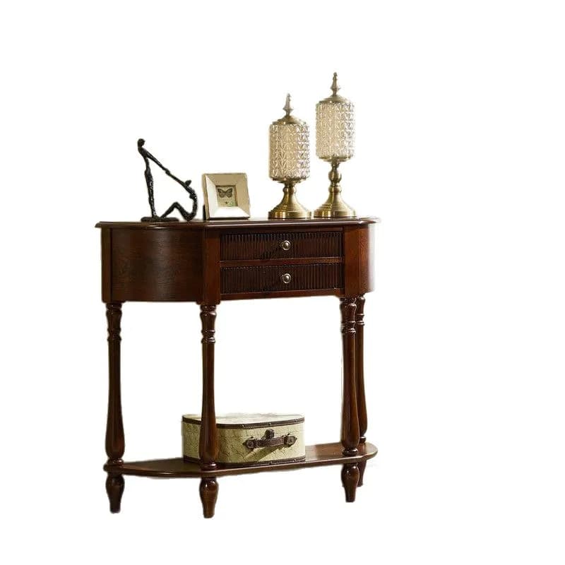 American-style solid wood semi-circular entryway table, vintage entryway cabinet against the wall in the living room