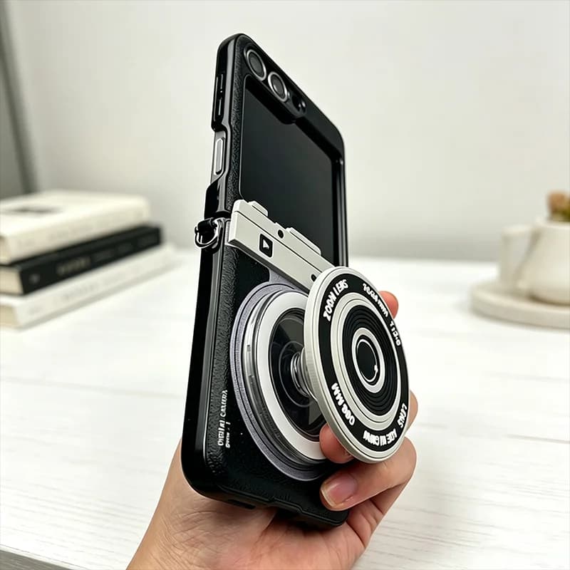 for Samsung Z Flip7 Flip6 Case Luxury Camera Magnetic Stand Phone Case for Samsung Galaxy Z Flip7 6 Z Flip5 ZFlip4 Cover Leather
