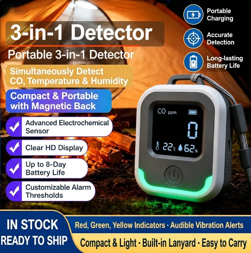 Portable 3-in-1 Carbon CO Detector, Temp/Monoxide/Humidity Monitor with LED Alarm for Camping RV Indoor Outdoor Camping Use