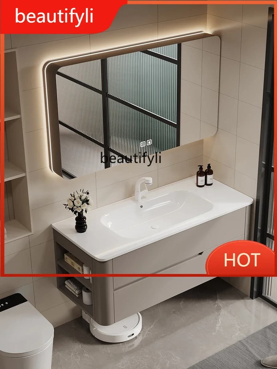54Bathroom Cabinet Integrated Ceramic Basin Oak Arc Smart Bathroom Hand Washing and Face Washing Side Open