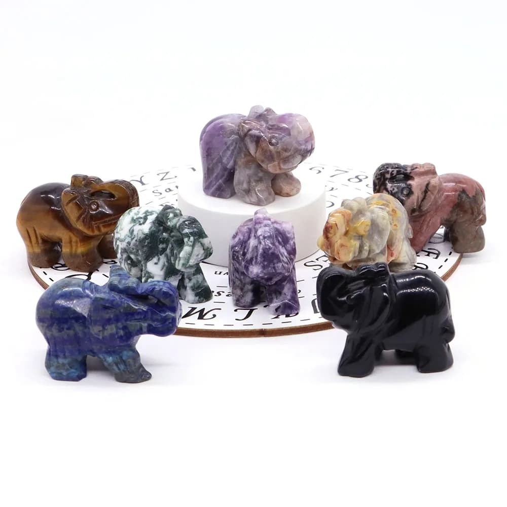 1.5" Elephant Statue Natural Crystal Rose Quartz Amethyst Obsidian Carved Animal Figurines Home Decor Craft Present Wholesale