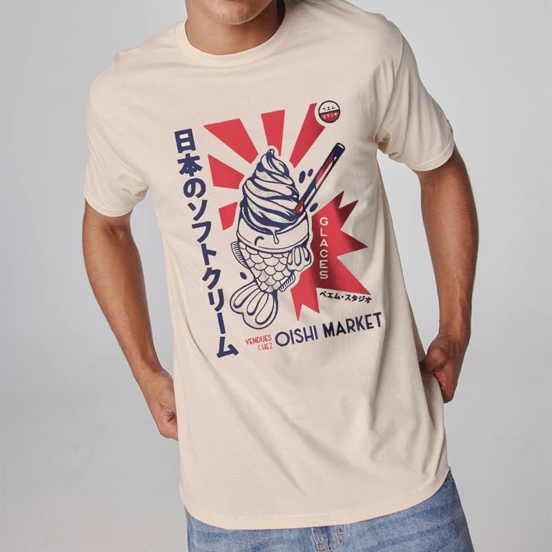 Japanese Foodie Print Men T-shirt Cotton Graphic T Shirt Soft & Breathable Round Neck Short Sleeve Tee Unisex Cultural Style