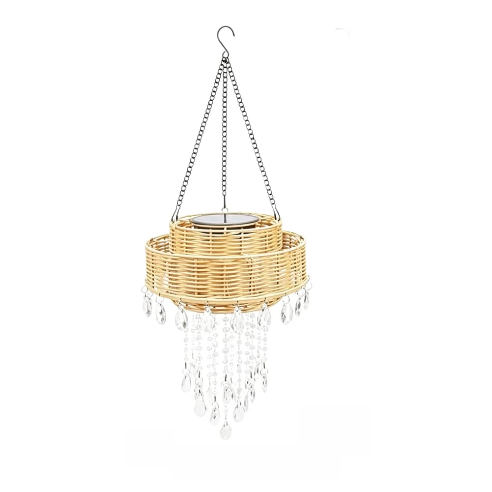 Solar Hanging Chandelier with Cascading Clear Gemstone Pendants for Outdoor Decor on Trees Gazebos and Porch Ceilings