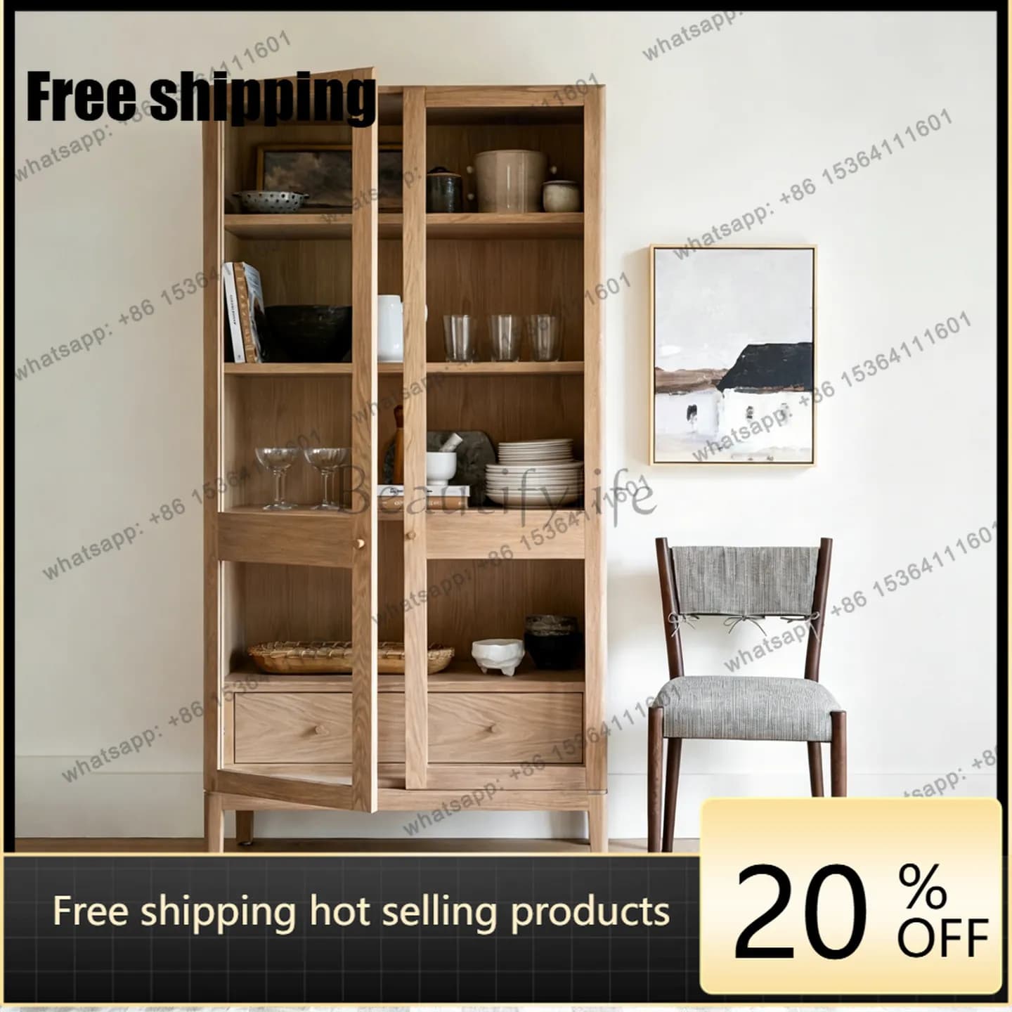 LD American retro side cabinet ash wood old living room display locker