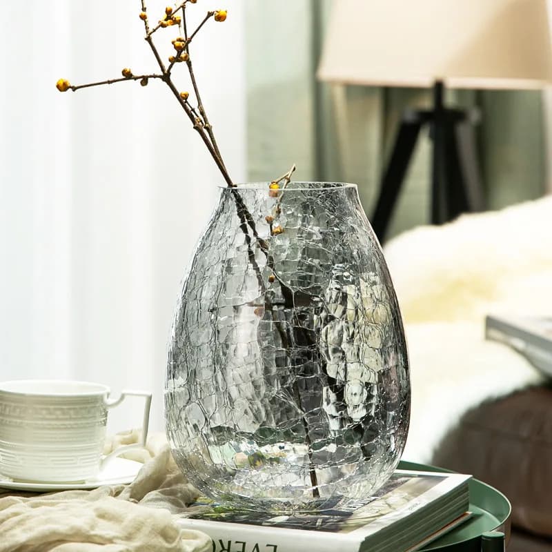 Large Luxury Cracked Ice Flower Glass Vase with Willow Lamp Transparent Flower Vase, Modern Home Decoration Vase