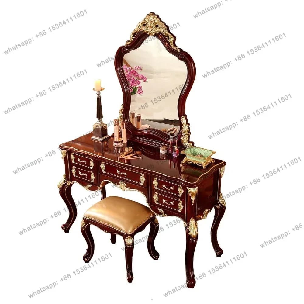 yj7 FGEuropean solid wood dresser American makeup table red sandalwood neoclassical with stool and mirror
