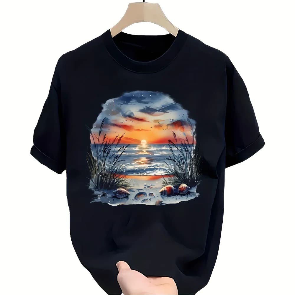 Vibrant Seaside Sunset Colorful Beach Scene T-Shirt 100% Cotton O-Neck Short Sleeve Summer Casual Mens T-shirt Streetwear