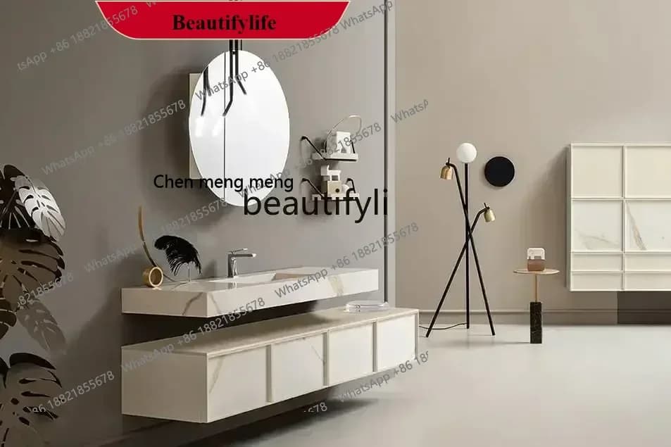 G153  Cream wabi air bathroom cabinet micro cement basin hand washing cabinet minimalist wind integrated basin