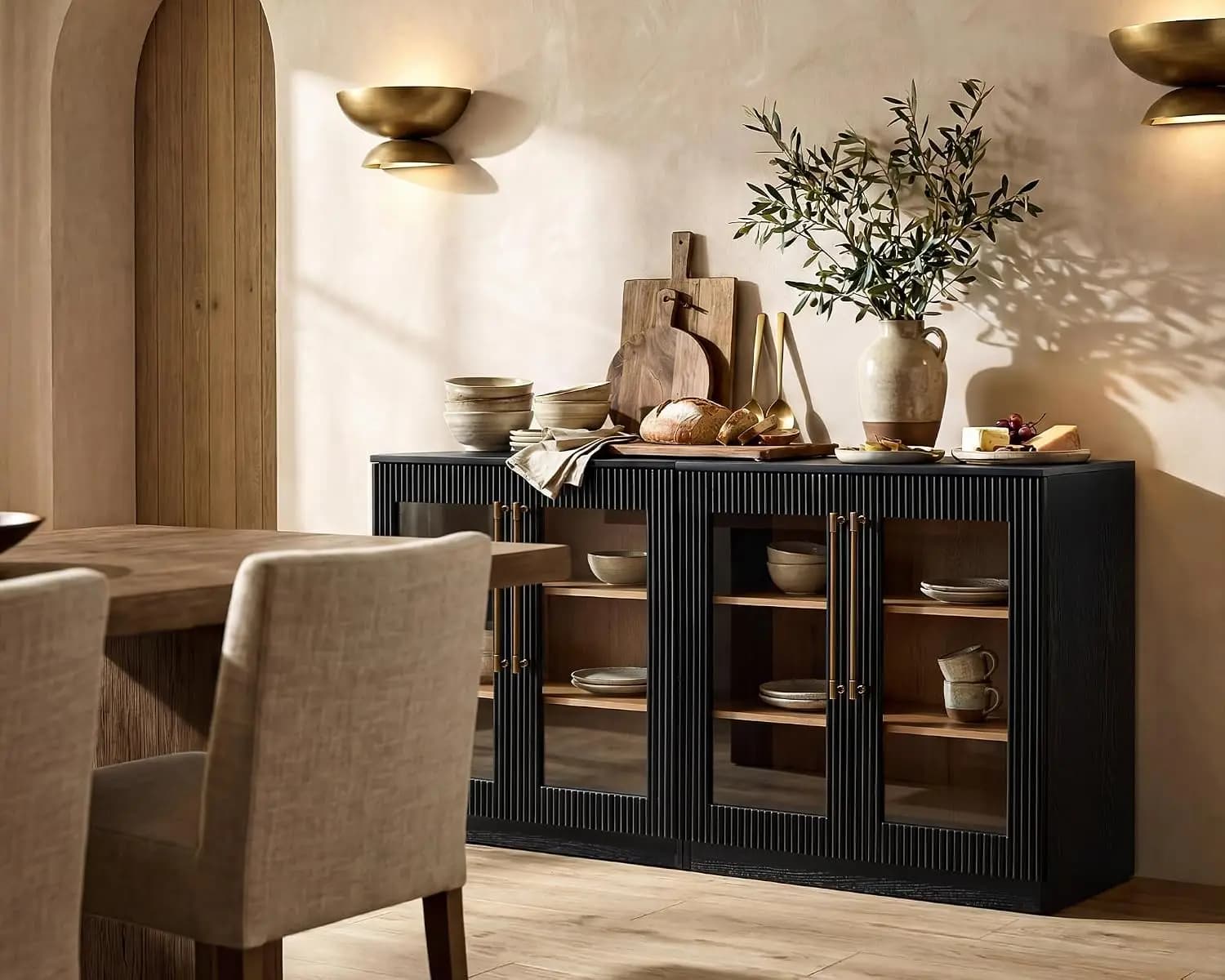 Handmade Fluted Sideboard Cabinet with Glass Door, 124" W Black Credenza Cabinet Set 4 with Adjustable Shelves, Modular Modern S