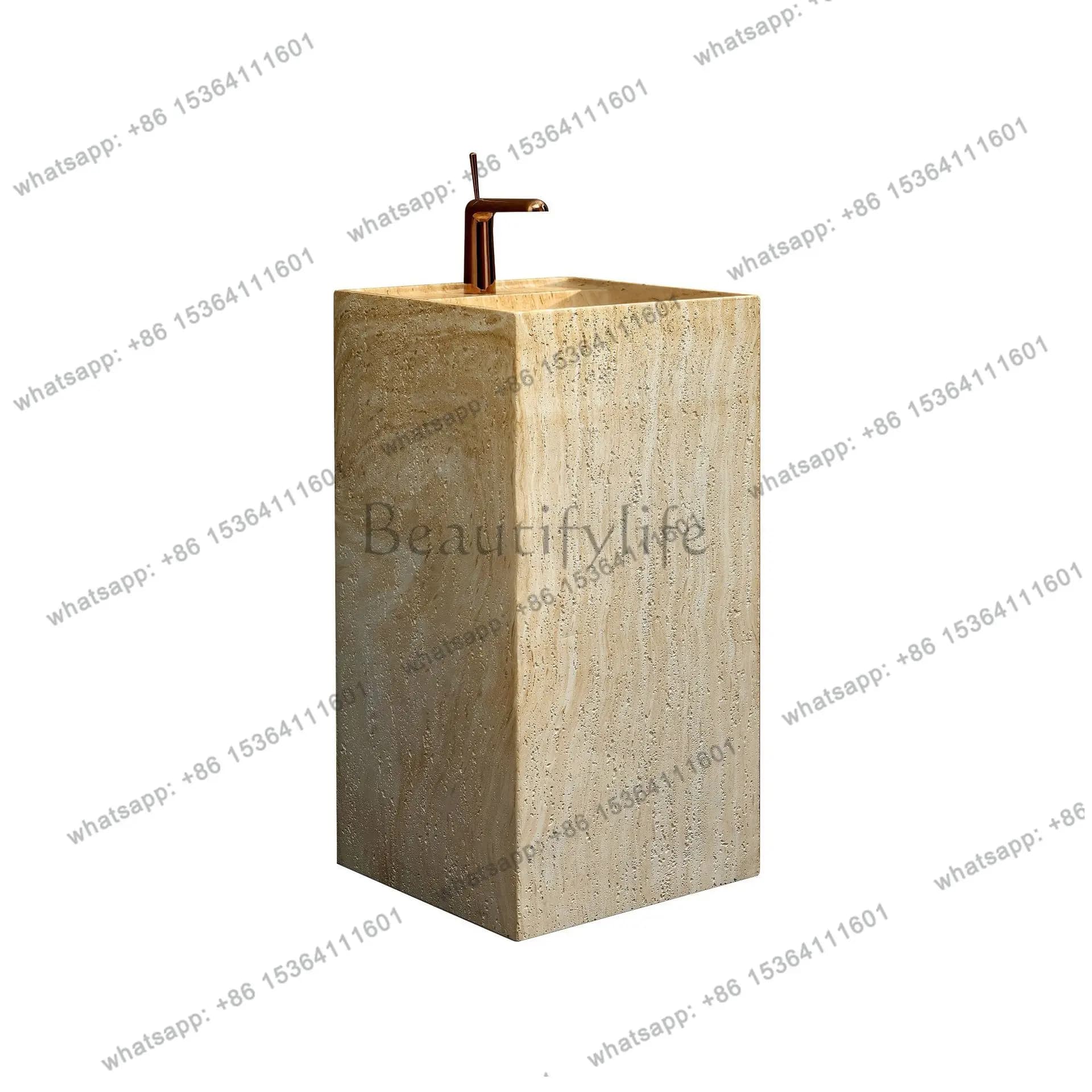 Beige travertine column basin integrated floor-to-ceiling balcony B & B hotel bathroom artificial stone washbasin