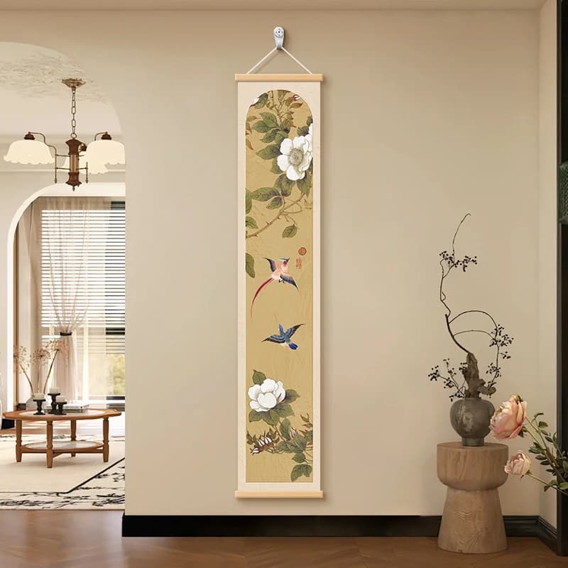Wooden Scroll Wall Decor, Flower Bird Swallow Return Hanging Painting for Home Decor Tea Room Study Entryway Aesthetic Room Art