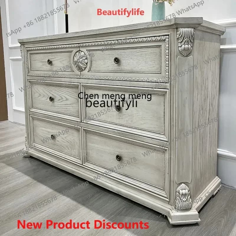 ss8350 French retro solid wood six-bucket entrance cabinet, locker, bedroom old European-style carved storage cabinet