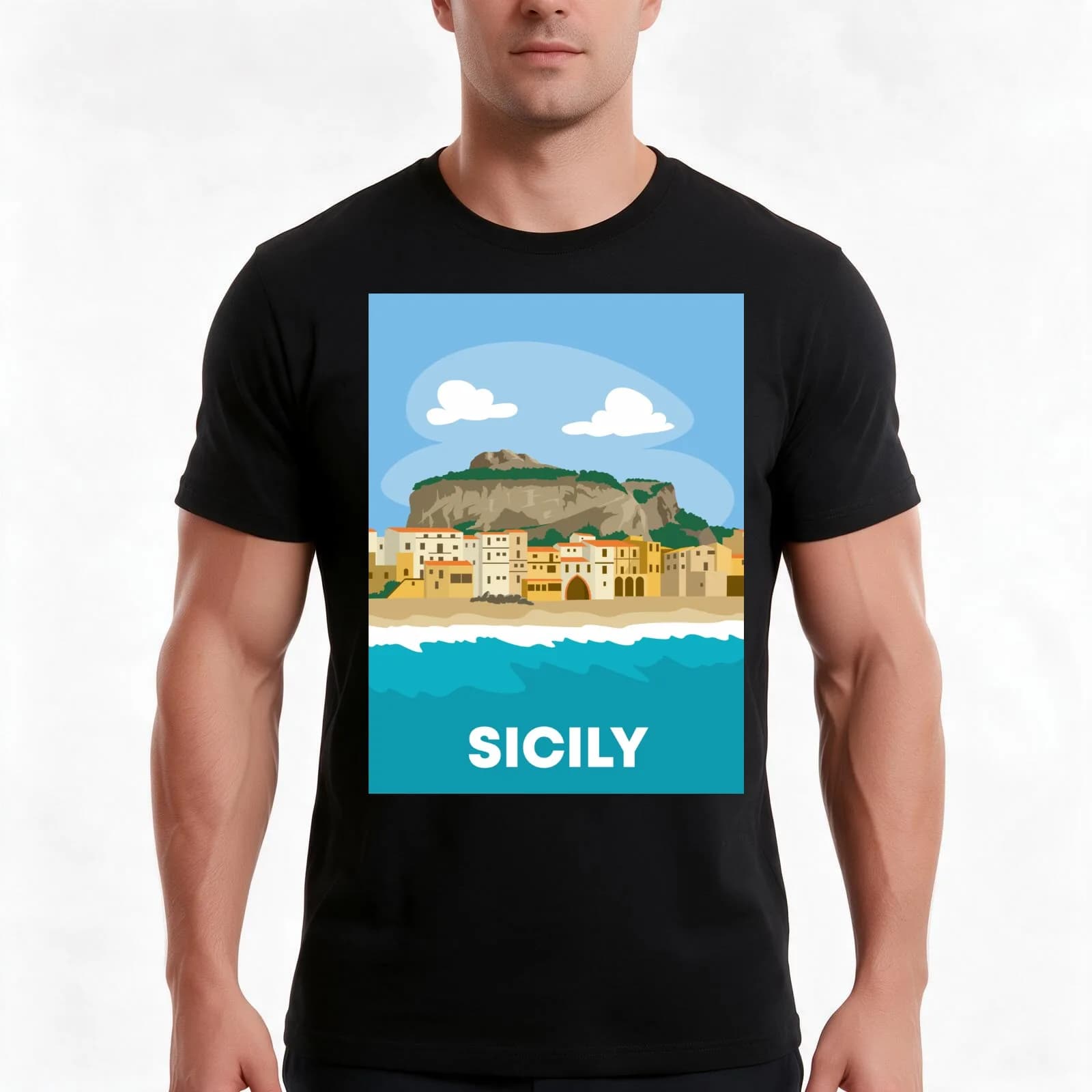 sicily city beach in italy T-Shirt, Summer Casual Cotton Tee, Oversized Streetwear Tops, Vintage Graphic Print, Unisex Men Women