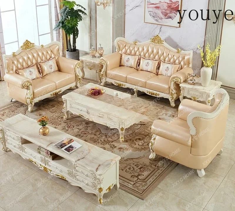 N10  A European Furniture Complete French Light Luxury Large And Small Apartment Solid Wood Leather Sofa