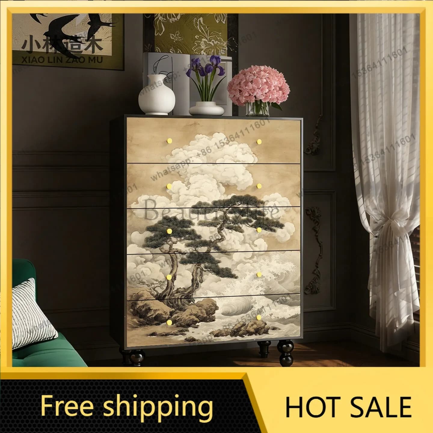 New Chinese-style all-solid wood chest of drawers, retro drawers, living room dining side wall locker