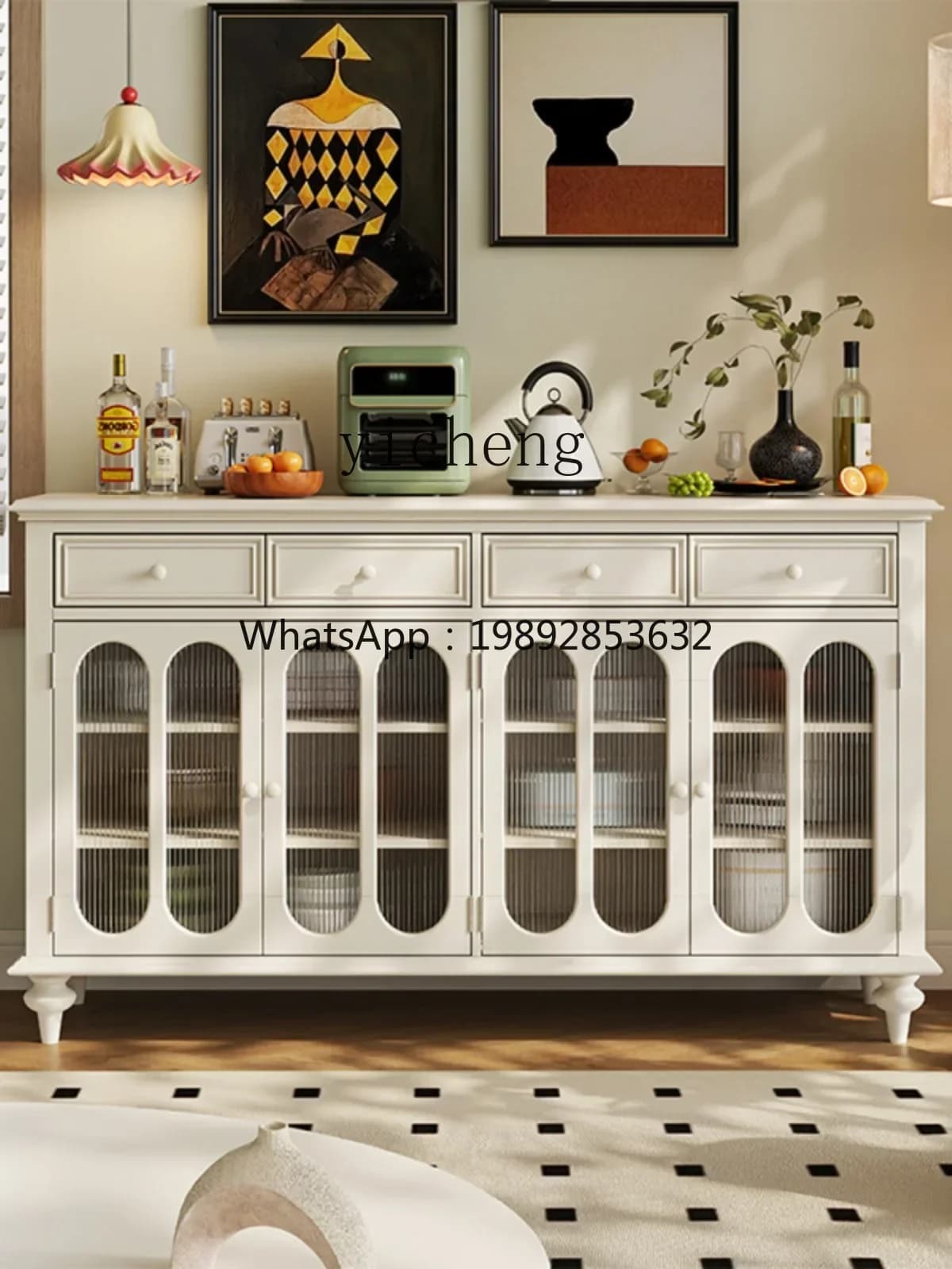 A1Sideboard Cabinet Solid Wood Tea Cabinet Cream Style Changhong Glass Living Room and Kitchen Storage Cupboard
