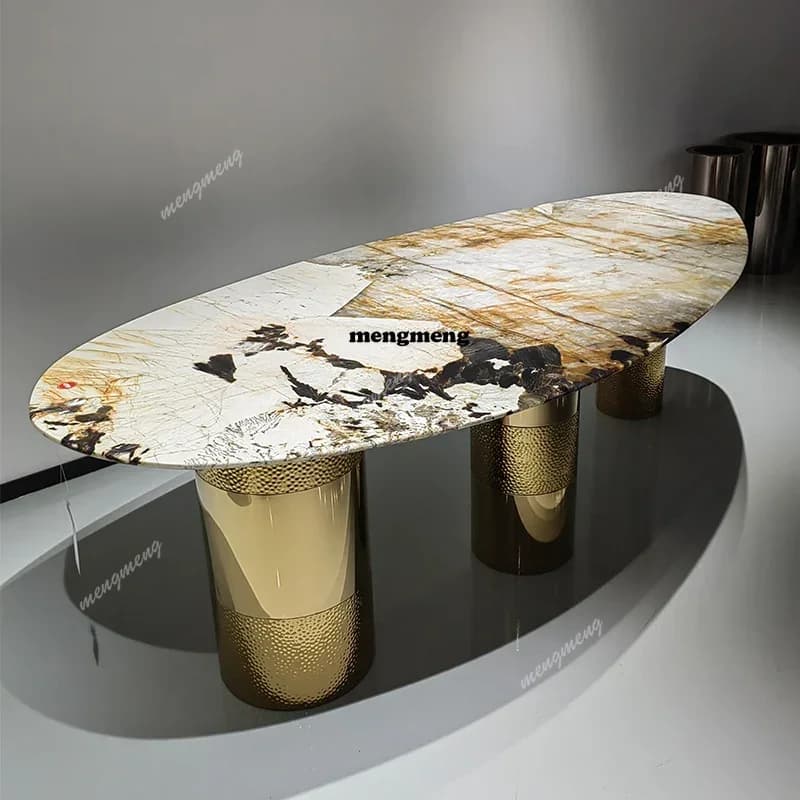 Trending Villa Home Design Corrosion/Heat/Easy-Clean Italian Luxury Stainless Steel Dining Table, Oval Imported Stone Tabletop,