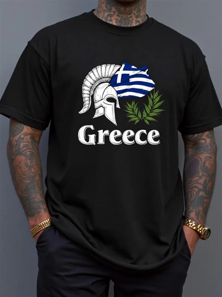 Spartan Helmet&Greece Lettering with Greek Flag&Olive Branches design-100% cotton O-neck short sleeve printed men's T-shirt.
