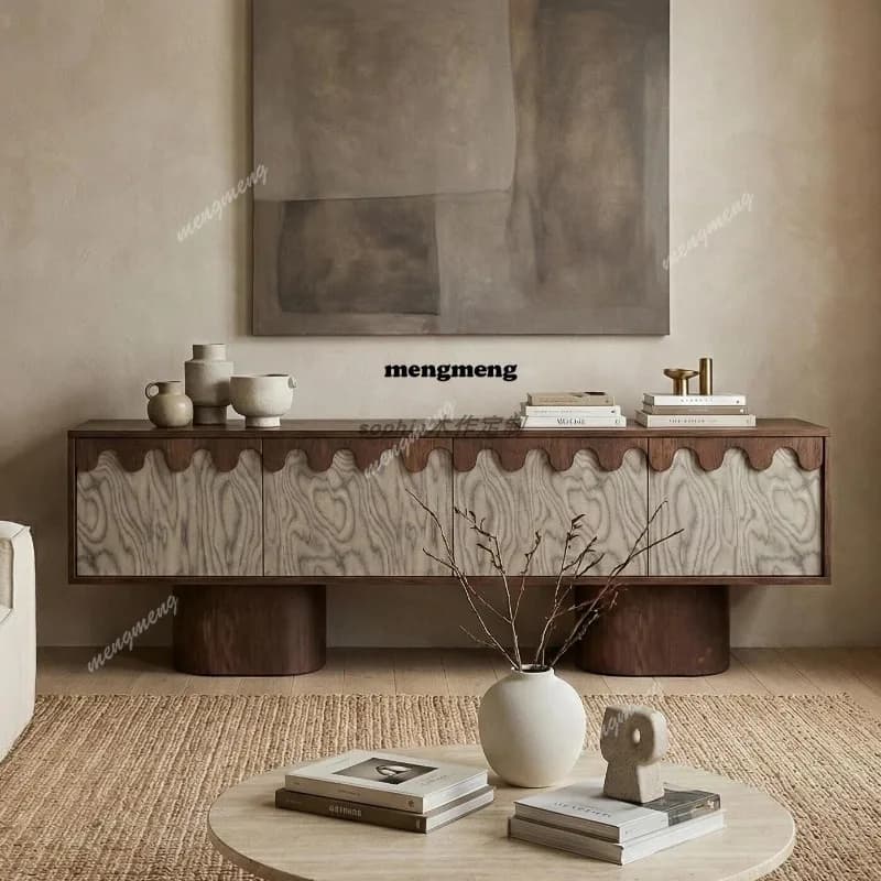 Floor-to-ceiling solid wood TV cabinet, storage cabinet, light luxury living room furniture, wave-shaped decoration