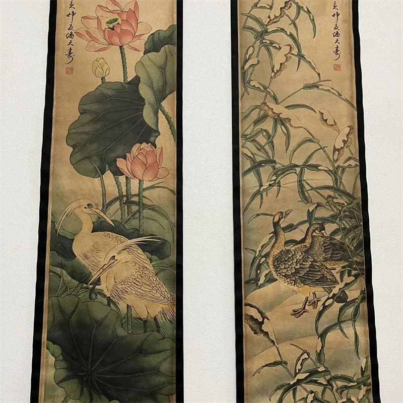 China Old Scroll Painting, Four Screen Paintings, Middle Hall Hanging Painting, Pan Tianshou's Lotus Flowers