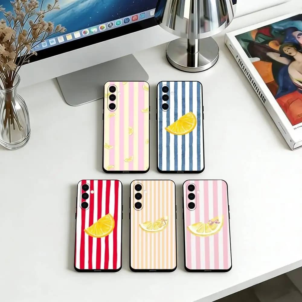 Lemon Cool Stripe Pattern Phone Case For Samsung Galaxy A73,A72,A71,A70,A53,A52,A51,Soft Silicone Black Cover