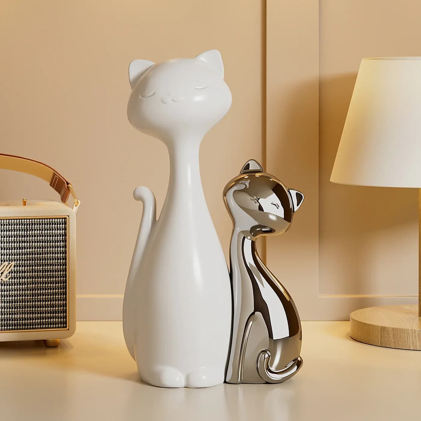 Modern Cute Couple Cat Sculpture White Silver Black Ceramic Romantic Animal Ornament Home Living Room Tabletop Decor Gift