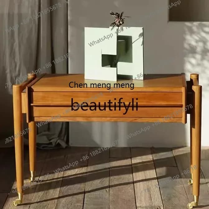 SS S7486 Coffee table sofa side table movable solid wood medieval teak bedside table with wheels solid wood trolley