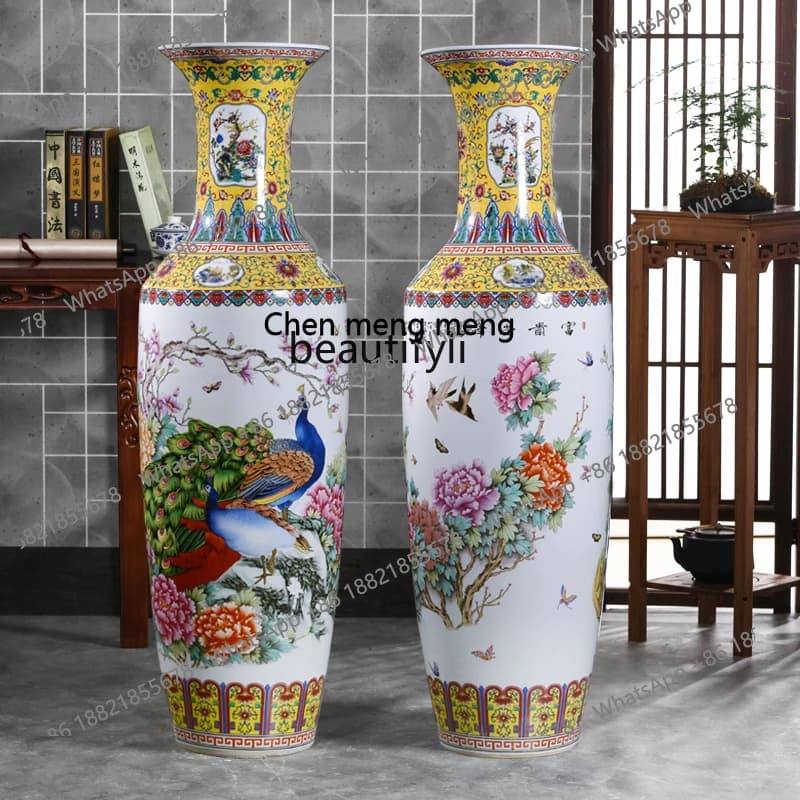Pottery Famille Rose Hand Drawning Peacock Vase Decoration Floor Large Vase Hotel Living Room Home Decorations