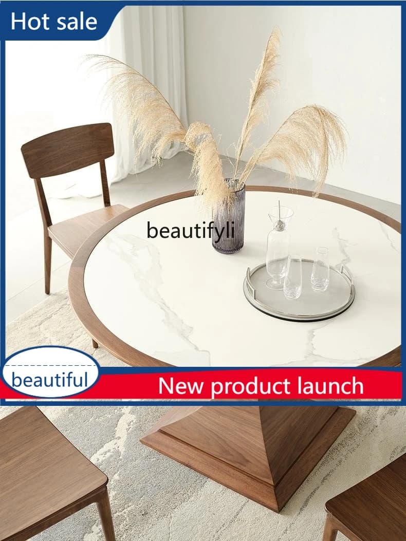 cqy Light Luxury Rock Board Dining Table Italian Minimalist Negotiation Table Home Modern Minimalist Solid Wood Round Dining Tab