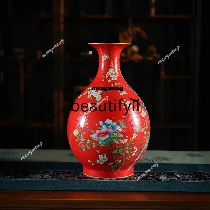 N    Jingdezhen ceramic vase hand-painted antique ornament chili red grilled flower happy eyebrows picture jade pot spring vas