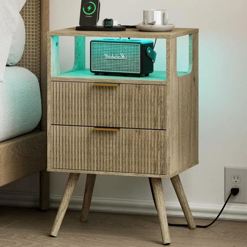 Nightstand Modern 2 Storage Drawer And Open Wood Shelf For Bedroom Spaces Night Stand With Solid Wood Legs Grey Oak-Outlet