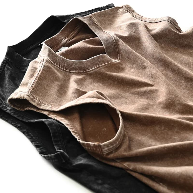 Round Neck Heavy Duty 230g Pure Cotton Men's Shoulder Vest Summer Trendy Brand Solid Colorwashing Distressed Sleeveless T-Shirt