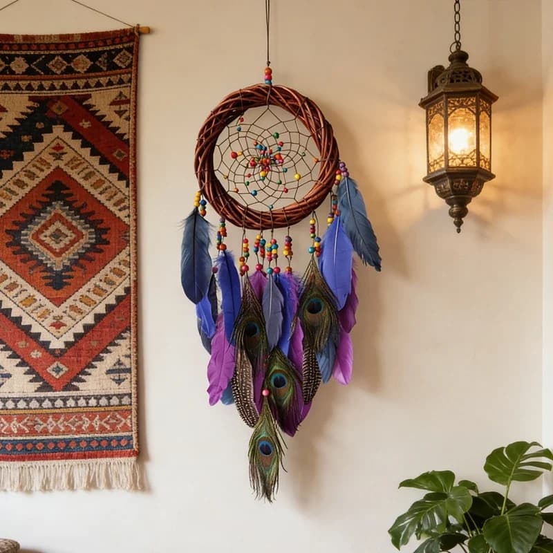 Vintage Rattan Dream Catcher Feathers Wind Chimes with Peacock Large Wall Pendants Window Hangings Decoration For Girls Gifts