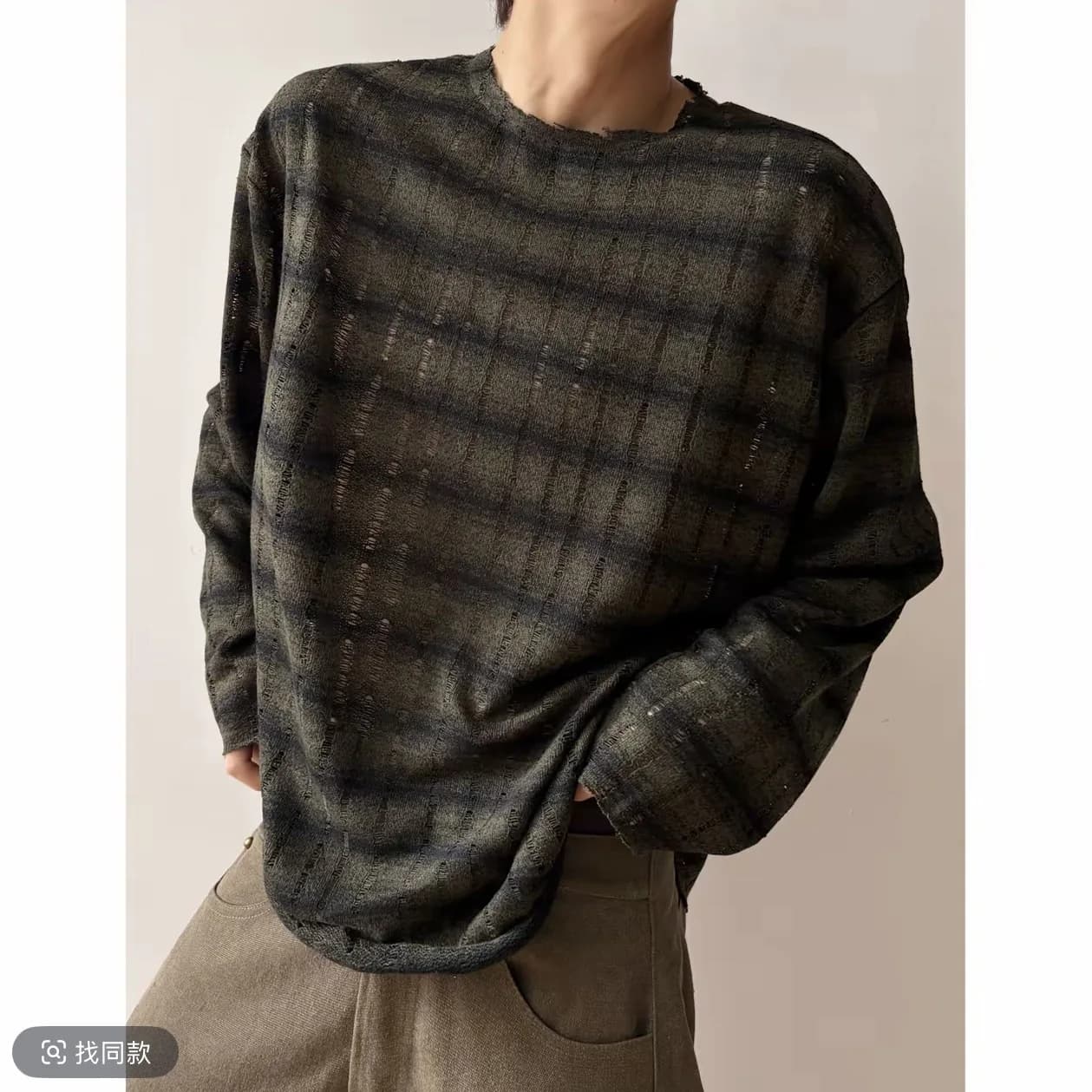 2026 Men's Gradient Vertical Stripes Loose Hole Semi-transparent Thin Long-sleeved T-shirt Raw Edge Blouse for Men