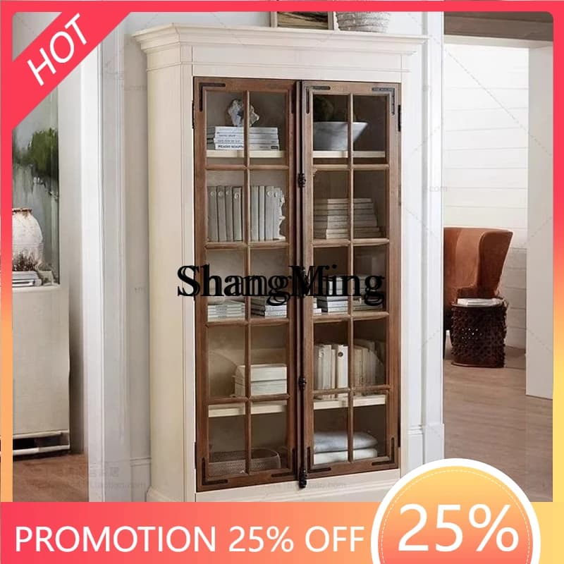 FG good-looking   solid wood simple floor-to-ceiling bookcase white dining edge glass door locker