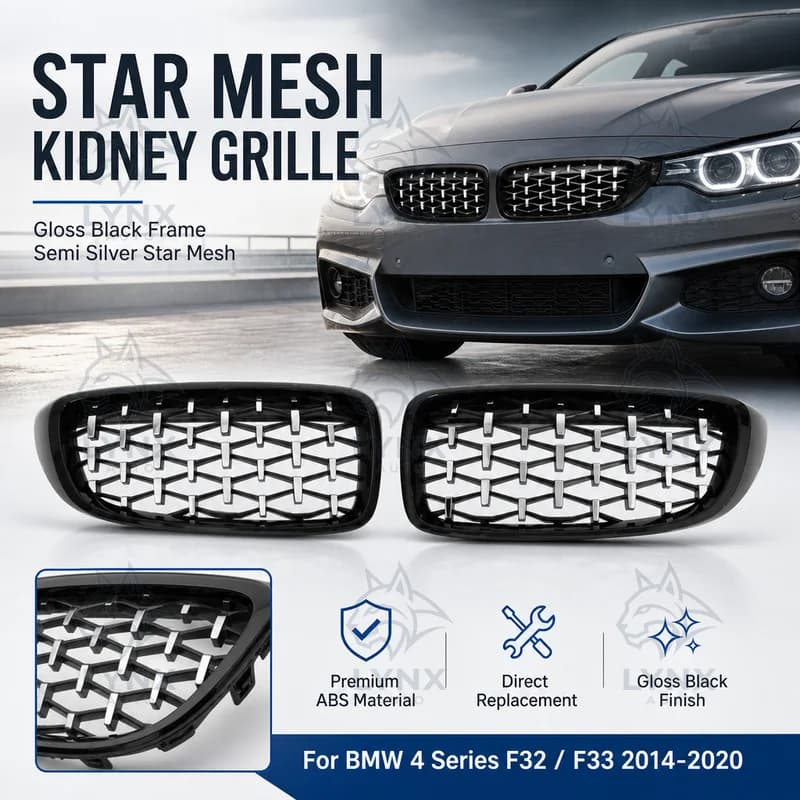 For BMW 4 Series F32 F33 2014-2020 Semi Silver Star Mesh Gloss Black Front Kidney Grille Radiator Grille Replacement
