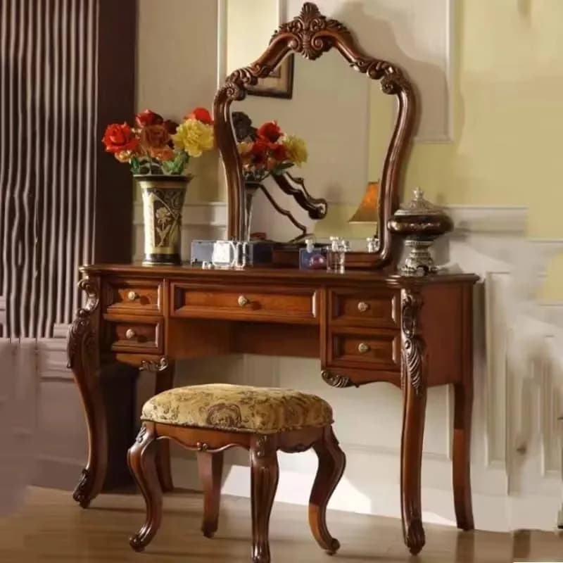 Full Set Aesthetic Vanity Table Wood Large Brown Luxury Organizer Dresser Bedroom Drawers Beauty Tavolo Da Trucco Home Furniture